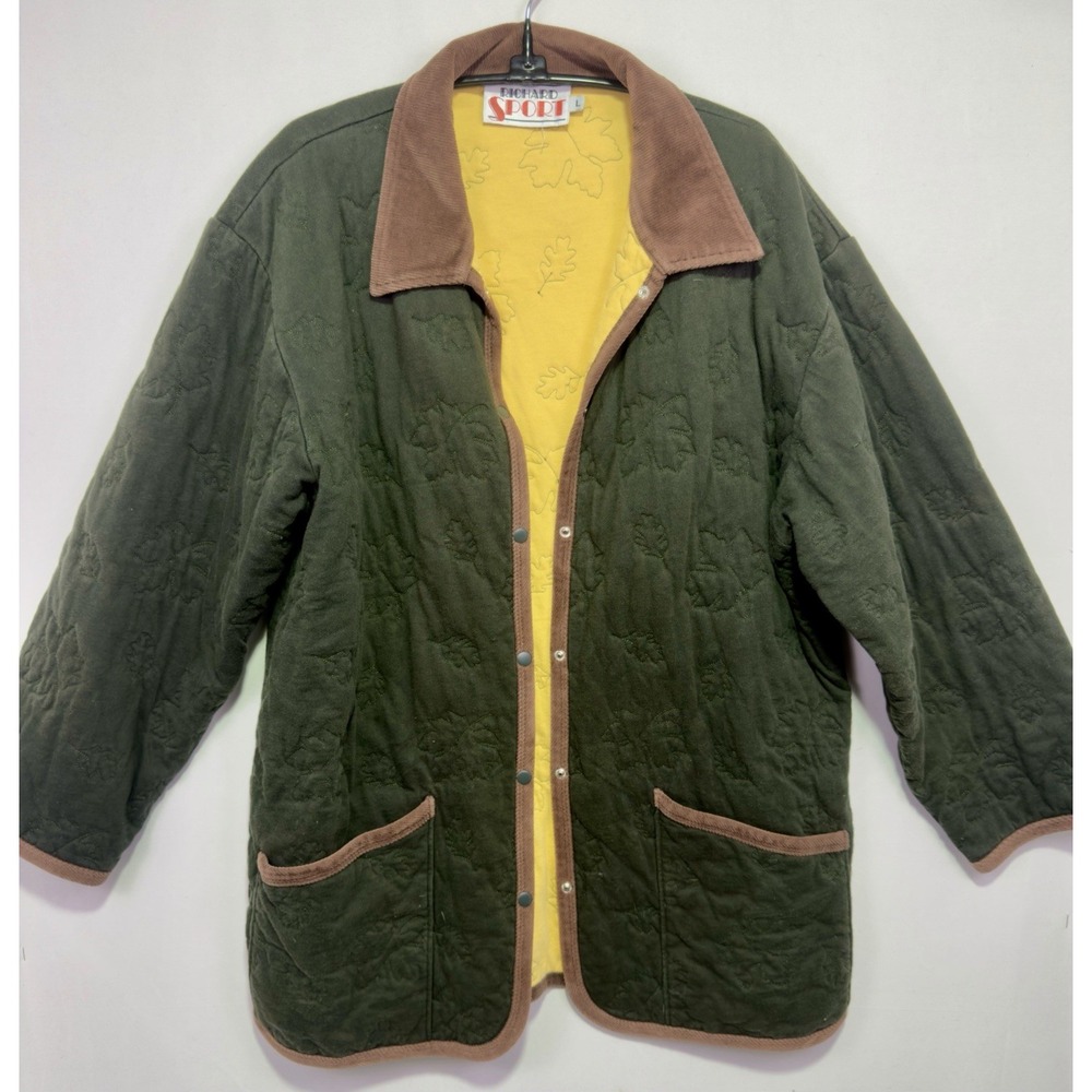 VTG Richard Sport Quilted Jacket Womens L Green Leaf Corduroy Collar Fall 90s